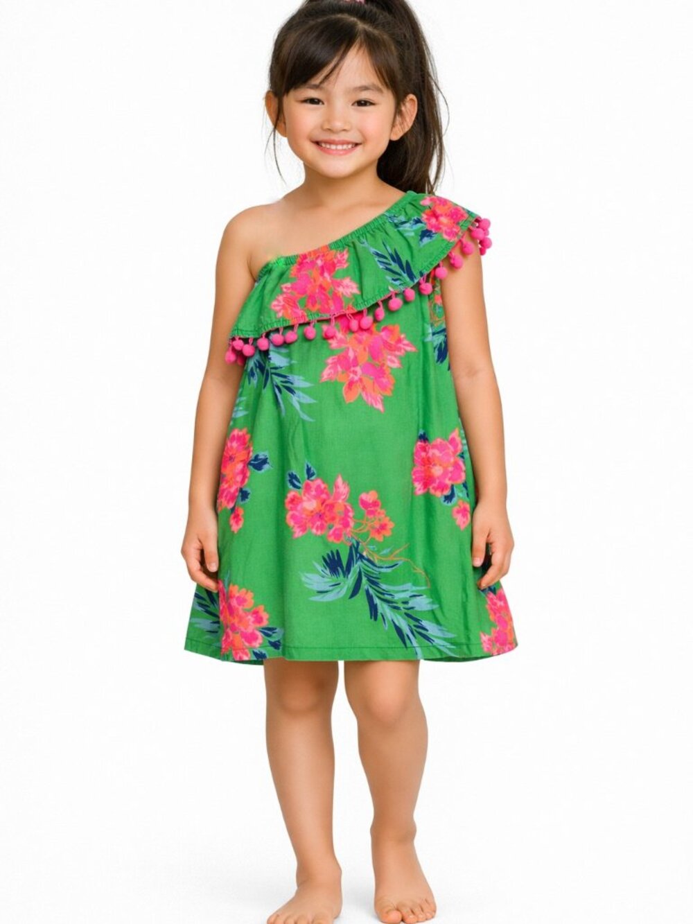 Tommy Bahama Girls Tropical Print Dress Green Pink Pom-poms Size 7 years